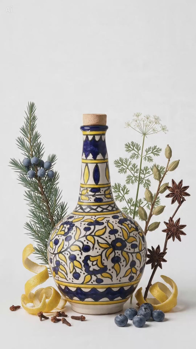 Tavlin London Dry Gin bottle with its botanicals